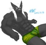  abs anthro biceps black_eyes black_fur boxers bulge clothed clothing dragon fur grauchen grauchen_(character) grey grey_fur hair half-dressed kaze kaze_(artist) long_hair lying male muscles nipples on_back pecs plain_background pose relaxing scales sitting solo topless underwear white_background white_hair 