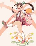  backpack bag bakemonogatari bandaid bandaid_on_knee black_hair brown_eyes hachikuji_mayoi highres long_hair marching monogatari_(series) otsukemono solo twintails 