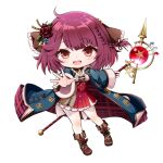  1girl :d atelier_(series) atelier_sophie blue_coat boots braid breasts brown_boots chibi coat commentary_request dress flower fold-over_boots frilled_dress frills full_body hair_flower hair_ornament highres holding holding_staff kuena long_sleeves looking_at_viewer medium_breasts open_clothes open_coat orb pleated_dress purple_hair red_dress red_eyes red_flower red_rose rose simple_background smile solo sophie_neuenmuller staff white_background 