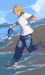  1boy 8083_blue barefoot beach blonde_hair bracelet closed_eyes cloud commentary_request day denim ensemble_stars! full_body hakaze_kaoru highres holding holding_shoes holding_unworn_clothes jeans jewelry male_focus outdoors pants running shirt shoes shore solo unworn_shoes white_shirt 