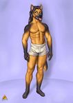  biceps bulge canine clothing dog german_shepherd looking_at_viewer male mammal muscles open_mouth pecs shorts solo tail ultrafox 