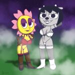 alternative_fashion anthro armwear bedroom_eyes big_breasts boots bovid bra breasts caprine choker cleavage clothed clothing curvy_figure duo elbow_gloves eyeliner female flower footwear gloves goth grey_body grey_skin hands_behind_head handwear hi_res high_heels humanoid jewelry kamirappa legwear lingerie lipstick looking_at_viewer makeup mammal narrowed_eyes necklace nipple_outline parappa_the_rapper plant rammy_lamb seductive sheep shoes sony_corporation sony_interactive_entertainment standing stockings sunny_funny thong um_jammer_lammy underwear voluptuous yellow_body