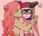  &gt;_&lt; arms_around_neck batman_(series) breast_press breasts comforting crying cuddling dc_comics domino_mask double_bun eyelashes face green_skin hand_on_another's_head harley_quinn hat holding imminent_kiss jester_cap large_breasts lips long_hair looking_at_another makeup mask multiple_girls nude poison_ivy red_hair ricken sideboob signature simple_background tears upper_body yuri 