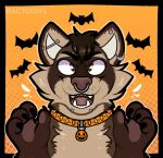2023 4_fingers ambiguous_feral ambiguous_gender anthro artist_name barbell_piercing bat black_border black_claws black_wings border brown_body brown_eyes brown_fur brown_hair brown_nose brown_pawpads brown_tongue cheek_tuft chest_tuft chin_piercing claws collar collar_only collar_tag colored digital_drawing_(artwork) digital_media_(artwork) dotted_background ear_piercing ear_ring english_description eyebrow_piercing eyebrows facial_piercing facial_tuft feral finger_claws fingers flying fur furrowed_brow furrowed_eyebrows group hair halloween hi_res holidays light lighting looking_at_viewer male male_anthro mammal membrane_(anatomy) membranous_wings multicolored_body multicolored_fur nose_piercing nose_ring nude nude_anthro nude_male open_mouth open_smile orange_background orange_collar outline pattern_background pawpads piercing procyonid raccoon ractoons ring_piercing shaded sharp_teeth short_hair simple_background simple_shading smile smiling_at_viewer solo_focus tan_eyebrows teeth text tongue tuft whisker_spots white_inner_ear white_outline wings