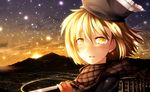  blonde_hair blush bow cityscape dusk hat highres kazetto looking_at_viewer lunasa_prismriver open_mouth scarf short_hair smile solo touhou upper_body yellow_eyes 