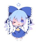  &gt;_o ascot bad_id bad_pixiv_id blue_eyes blue_hair bow chibi cirno cosplay detached_sleeves hair_bow hair_tubes hakurei_reimu hakurei_reimu_(cosplay) one_eye_closed shapeson short_hair solo star touhou wings 