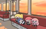  ahoge blonde_hair blue_eyes blue_hair blush bocchi_the_rock! chibi cube_hair_ornament detached_ahoge gotoh_hitori hair_between_eyes hair_ornament highres ijichi_nijika jacket kessoku_band kita_ikuyo long_hair long_sleeves lulalang multiple_girls one_side_up open_mouth pink_hair pink_jacket pink_track_suit red_hair school_uniform shimokitazawa_high_school_uniform shirt shuka_high_school_uniform side_ahoge simple_background sleeping smile sunset track_jacket track_suit train train_interior yamada_ryo 