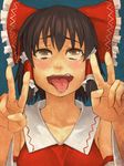  ahegao bad_id bad_pixiv_id blush bow brown_eyes brown_hair detached_sleeves double_v face hair_bow hair_tubes hakurei_reimu hands saliva solo tears tongue tongue_out touhou upper_body v yuuji_(and) 