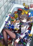  1girl ball baseball_(object) bathtub beyblade_(object) black_skirt blade_liger book brown_eyes brown_hair brown_pantyhose closed_mouth coin cup_ramen downer_onee-san_(downer_onee-san_wa_asobitai) downer_onee-san_wa_asobitai from_above gashapon gold_coin highres holding in_bathtub indoors kendama looking_at_viewer lying marble_(toy) medium_hair mini_4wd model_kit nintendo_switch official_art on_side pantyhose pencil rubber_duck rubik's_cube ruler set_square shirt skirt smile soccer_ball solo tile_wall tiles toy trading_card watch white_shirt yamadaka_kei youkai_watch_(object) 