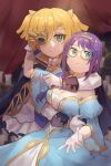  2girls adapted_costume arm_around_neck arm_around_waist arm_up armpit_crease ascot bare_shoulders blonde_hair blue_cape blue_dress blue_trim breasts candlestand cape chinese_commentary christine_daae christine_daae_(cosplay) cleavage closed_mouth collared_cape commentary_request cosplay cowboy_shot curled_fingers curtains daiba_nana dress epaulettes erik_(phantom_of_the_opera) erik_(phantom_of_the_opera)_(cosplay) flipped_bangs frilled_sleeves frills gloves gold_trim green_eyes hair_intakes hair_over_shoulder half_mask highres hoshimi_junna hug hug_from_behind juliet_sleeves layered_dress light_particles long_hair long_sleeves looking_at_viewer looking_to_the_side low_side_ponytail mask medici_collar multicolored_dress multiple_girls official_alternate_costume outstretched_hand parted_hair parted_lips phantom_of_the_opera pleated_skirt puffy_sleeves purple_hair qi'e_(penguin) short_hair short_sleeves shoujo_kageki_revue_starlight shoujo_kageki_revue_starlight_-re_live- sidelocks sideways_glance skirt sleeve_cuffs smile tiara two_side_up white_ascot white_dress white_gloves wide_sleeves yellow-framed_eyewear 