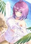  1girl ahoge anklet barefoot beach bikini bikini_under_clothes blurry blurry_foreground breasts cleavage commentary_request day frilled_bikini frills gradient_hair green_eyes heterochromia highres himemori_luna himemori_luna_(summer) hololive jewelry large_breasts long_shirt long_sleeves looking_at_viewer multicolored_hair official_alternate_costume official_alternate_hairstyle open_mouth outdoors oversized_clothes oversized_shirt paid_reward_available palm_leaf pink_hair polka_dot polka_dot_bikini purple_eyes purple_hair shimo_(shimo332215) shirt short_hair single_off_shoulder sitting solo speech_bubble swimsuit thighlet translation_request virtual_youtuber white_shirt 