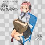  bad_id bad_pixiv_id bow box breasts cardboard_box chair checkered checkered_background chibi chibi_inset dated desk large_breasts nakahara_(teriyaki) necktie original pink_hair red_eyes school_uniform sitting skirt smile solo teriyaki translation_request 