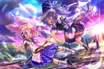  2girls :o belt blonde_hair blue_eyes blush boots bracelet brown_hair commentary_request detached_sleeves dress earmuffs flying grey_hair hat highres holding_hands interlocked_fingers japanese_clothes jewelry kariginu mononobe_no_futo multiple_girls open_mouth painttool_sai_(medium) patricia_(stylish_marunage) ponytail scabbard sheath sheathed shirt shoes skirt sleeveless sleeveless_shirt sword tate_eboshi touhou toyosatomimi_no_miko weapon 