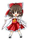  asahana_jun ascot bow brown_eyes brown_hair chibi detached_sleeves fighting_stance foreshortening hair_bow hair_tubes hakurei_reimu jpeg_artifacts open_mouth outstretched_arm simple_background smile solo touhou 