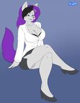  big_breasts blue_eyes breasts canine cleavage clothed clothing crossed_legs crotch female hair heels long_hair mammal multi-colored_hair pantiless purple_hair pussy shirt skidd skirt smile solo tail upskirt wolf 