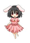  :d animal_ears asahana_jun barefoot black_hair blush bunny_ears carrot carrot_necklace chibi dress full_body inaba_tewi jewelry looking_at_viewer lowres necklace open_mouth pendant red_eyes short_hair simple_background smile solo touhou 