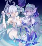  2girls absurdres arm_fins arm_up axe bare_shoulders battle_axe blue_dress blue_eyes bound breasts collarbone corset demon_girl demon_horns demon_tail detached_collar dress drill_hair duel_monster earrings fins gloves grey_corset grey_eyes grey_hair hair_between_eyes hair_ornament head_fins highres holding holding_polearm holding_sword holding_weapon horns jewelry kitkallos_(yu-gi-oh!) large_breasts long_hair looking_at_viewer lovely_labrynth_of_the_silver_castle multiple_girls nipples open_mouth pointy_ears polearm rare_lemon restrained silver_tiara sword tail tearlaments_kitkallos tentacles twin_drills weapon white_gloves white_hair yu-gi-oh! 