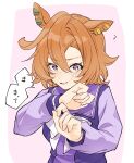  1girl ahoge amano_(amano_miko) animal_ears breasts ear_ornament ear_piercing hair_between_eyes highres horse_ears horse_girl long_sleeves looking_at_viewer open_mouth orange_hair piercing purple_eyes school_uniform shirt short_hair skirt smile solo t.m._opera_o_(umamusume) tracen_school_uniform umamusume umamusume:_beginning_of_a_new_era umamusume:_road_to_the_top 