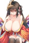  1girl ahoge all_fours azur_lane bangs bare_shoulders black_hair blush breasts brown_legwear chixiao cleavage collarbone commentary crossed_bangs eyebrows_visible_through_hair feathers hair_between_eyes hair_ribbon hand_up highres huge_breasts japanese_clothes kimono long_hair looking_at_viewer mask mask_on_head obi off_shoulder open_mouth pleated_skirt red_eyes red_kimono red_ribbon red_skirt ribbon sash simple_background skindentation skirt smile solo striped striped_ribbon taihou_(azur_lane) thighhighs twintails very_long_hair white_background wide_sleeves 