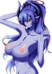  1girl asmodeus_(shinrabanshou) astaroth astaroth_(shinrabanshou) blue_hair breasts curvy demon_girl earrings female horns huge_breasts jewelry large_breasts long_hair milf nipples nude puffy_nipples red_eyes ridai sagging_breasts shinrabansho shinrabanshou simple_background solo standing succubus upper_body 