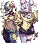  1girl 2girls absurdres aqua_hair bandeau belt black_mask blonde_hair blue_eyes blue_hair blush bow-shaped_hair breasts canari_(pokemon) center-flap_bangs character_hair_ornament cleavage criss-cross_halter crop_top cropped_jacket curly_sidelocks fake_hair_bun grey_pantyhose groin hair_ornament halter_shirt halterneck heart hexagon_print highres iono_(pokemon) jacket large_breasts long_sleeves looking_at_viewer magnemite mask medium_breasts medium_hair mega_stone midriff mouth_mask multicolored_hair multiple_girls navel open_mouth oversized_clothes pants pantyhose pink_hair pokemon pokemon_(creature) pokemon_legends:_z-a pokemon_sv rotom rotom_phone sharp_teeth shirt short_twintails single_leg_pantyhose sleeves_past_fingers sleeves_past_wrists smile split-color_hair tadbulb teeth twintails two-tone_hair two-tone_mask tynamo usa_(usagi_minku) very_long_sleeves x_(symbol) yellow_bandeau yellow_jacket yellow_mask zipper 