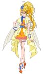  1girl blonde_hair blue_hat blue_scarf capelet closed_mouth cure_etoile dress earrings full_body garrison_cap hair_ornament hand_on_own_hip hat high_heels highres hugtto!_precure jewelry kagayaki_homare long_hair looking_at_viewer magical_girl official_art orange_dress orange_shoes ponytail precure scarf second-party_source shoes simple_background smile solo standing star_(symbol) star_earrings star_hair_ornament white_background wrist_cuffs yellow_capelet yellow_eyes 