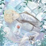  1boy absurdres alkaid_mcgrath alkaid_mcgrath_(eden) ascot bell_jar blonde_hair chashuimeifiom chinese_commentary closed_mouth collared_shirt colored_lapels day expressionless flower gloves green_eyes greenhouse grey_vest hair_between_eyes highres indoors jacket lapels leaf long_sleeves looking_at_flowers looking_to_the_side lovebrush_chronicles lying male_focus medium_hair on_back open_clothes open_jacket plant red_flower red_rose rose shawl_lapels shirt sleeve_garter solo upper_body vest white_ascot white_flower white_gloves white_jacket white_rose white_shirt 