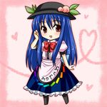  asahana_jun blue_hair chibi food fruit hair_tucking heart hinanawi_tenshi long_hair lowres open_mouth peach smile solo touhou 