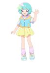  1girl :d arm_up blue_hoodie child full_body green_hair hair_ornament highres hood hoodie loose_socks mahou_no_shimai_lulutto_lilly multicolored_shoes nonoyama_fuu official_art open_mouth purple_eyes purple_socks second-party_source shirt shoes short_hair short_sleeves skirt sleeveless sleeveless_hoodie smile sneakers socks solo solo_focus star_(symbol) star_hair_ornament tachi-e transparent_background waving white_shirt yellow_skirt 