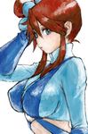  :o blue_eyes breasts fuuro_(pokemon) gym_leader hair_ornament large_breasts pokemon pokemon_(game) pokemon_bw pon red_hair simple_background solo upper_body 