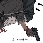  2girls arknights black_gloves chinese_commentary commentary_request fiammetta_(arknights) finger_on_trigger gloves gun handgun highres holding holding_gun holding_weapon mostima_(arknights) multiple_girls qianxidasuan_(suan_wu_cao) shirt simple_background upper_body watermark weapon weibo_watermark white_background white_gloves white_shirt yuri 