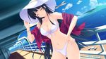  bikini black_hair bracelet breasts closed_eyes day dutch_angle hand_on_hip hat jewelry kimi_wo_aogi_otome_wa_hime_ni long_hair medium_breasts navel ocean outdoors sash satou_satoru ship solo swimsuit takamine_kana water watercraft white_bikini 