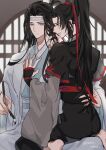  2boys absurdres barefoot black_hair black_hanfu blue_sash calligraphy_brush chinese_clothes closed_mouth couple grey_eyes hair_ribbon hand_in_another&#039;s_hair hand_on_another&#039;s_back hand_on_another&#039;s_chest hand_on_another&#039;s_waist hanfu headband high_ponytail highres holding holding_another&#039;s_hair holding_brush holding_calligraphy_brush holding_paintbrush indoors lan_wangji lattice long_hair long_sleeves looking_at_another male_focus modao_zushi multiple_boys paintbrush parted_lips perle_oekaki ponytail profile red_ribbon red_sash ribbon robe round_window sash sitting sitting_on_lap sitting_on_person sleeves_past_wrists smile straddling topknot twitter_username wei_wuxian white_hanfu white_headband wide_sleeves window xiao_guan_(headdress) yaoi yellow_eyes 