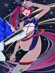  1girl absurdres animal_ears baobhan_sith_(fate) bare_shoulders blue_dress boots breasts dress fate/grand_order fate_(series) grey_eyes highres koma315ht large_breasts playboy_bunny ponytail rabbit_ears red_hair solo space star_(sky) thigh_boots white_boots 