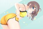  1girl ahoge armpit_crease ass bare_arms bare_shoulders bent_over blue_eyes breasts brown_hair closed_mouth cowboy_shot crop_top dolphin_shorts felixkohai frilled_shirt frills from_behind hair_ornament hair_scrunchie highres hololive long_hair looking_at_viewer looking_back midriff natsuiro_matsuri natsuiro_matsuri_(matsuri's_day_off) scrunchie shirt short_shorts shorts side_ponytail small_breasts smile solo spaghetti_strap strap_slip thighs tongue tongue_out v v-shaped_eyebrows virtual_youtuber yellow_shirt yellow_shorts 
