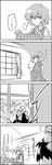  4koma ascot bow closed_eyes comic cup flower from_behind greyscale hair_bow hair_tubes hakurei_reimu happy highres ice_sculpture kazami_yuuka long_skirt medicine_melancholy minigirl monochrome multiple_girls object_on_head on_head person_on_head plaid plaid_skirt plaid_vest shovel silent_comic sitting skirt skirt_set sunflower table tani_takeshi teacup teapot touhou translated vest window yukkuri_shiteitte_ne 