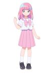  1girl arm_up blue_eyes blunt_bangs blunt_ends bow buttons crescent crescent_hair_ornament full_body hair_ornament highres loafers mahou_no_shimai_lulutto_lilly medium_skirt neckerchief nonoyama_rui official_art pink_bow pink_hair pink_neckerchief pink_sailor_collar pink_skirt sailor_collar school_uniform second-party_source serafuku shirt shoes skirt socks solo solo_focus tachi-e transparent_background white_shirt white_socks 