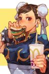  1girl blush bracelet breasts brown_eyes brown_hair bun_cover burger china_dress chinese_clothes chun-li cup disposable_cup double_bun dress earrings eating food food_in_mouth hair_bun holding holding_burger holding_cup holding_food hungry_clicker jewelry looking_at_viewer mcdonald&#039;s short_hair solo spiked_bracelet spikes street_fighter studded_bracelet upper_body 