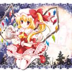  ascot blonde_hair blush bow candle dress fang flandre_scarlet hat mary_janes open_mouth red_eyes ribbon shoes short_hair side_ponytail smile solo thighhighs touhou tree white-brown wings wrist_cuffs zettai_ryouiki 