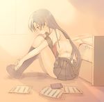  bad_id bad_pixiv_id bed black_legwear cellphone idolmaster idolmaster_(classic) kisaragi_chihaya kneehighs komi_zumiko leg_hug lonely long_hair no_shoes paper phone pleated_skirt profile school_uniform sepia serafuku sitting skirt solo 