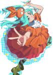  1girl :> aqua_hair aqua_thighhighs ben-day_dots boots commentary_request double_v dress forehead googly_eyes green_eyes hat highres hikimayu katagiri_yuuhi_(paulowniayuuhi) monogatari_(series) ononoki_yotsugi orange_dress orange_hat pantyhose petticoat rubber_boots screentones short_eyebrows simple_background solo solo_focus standing standing_on_one_leg striped_clothes striped_pantyhose striped_thighhighs thick_eyebrows thighhighs twintails v white_background 