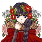  :o black_hair blue_eyes blush braid camellia carnation cloak dated flower fur_trim hair_flower hair_ornament hair_over_shoulder highres lily_(flower) long_hair looking_at_viewer open_mouth original parted_lips peony_(flower) raphina signature simple_background single_braid solo turtleneck upper_body watermark white_background 
