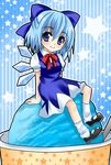  asahana_jun bad_id bad_pixiv_id blue_eyes blue_hair blush bow cirno food hair_bow in_food minigirl oversized_object sitting smile solo star touhou 