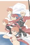  3boys abs archer_(fate) armor cape coat emiya_shirou fate/grand_order fate/stay_night fate_(series) highres holding holding_unworn_cape holding_unworn_clothes kinoe_imashi male_focus multiple_boys orange_hair red_coat senji_muramasa_(fate) single_bare_shoulder toned toned_male unworn_cape white_cape white_hair 