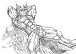  anthro arms_behind_head black_and_white bulge canine fur greyfus greyscale juusenshi_gulkeeva looking_at_viewer lying male mammal monochrome muscles on_back pecs plain_background solo thong topless underwear white_background wolf xkoshiji 