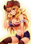  :p american_flag american_flag_bikini bad_id bad_pixiv_id bikini black_legwear blonde_hair boots breasts cleavage cowboy_hat cutoffs flag_print green_eyes hat hoshii_miki idolmaster idolmaster_(classic) long_hair masaki_(celesta) medium_breasts navel shiny shiny_skin short_shorts shorts solo star star-shaped_pupils stomach swimsuit symbol-shaped_pupils thigh_boots thighhighs tongue tongue_out 