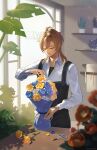  1boy 8083_blue black_overalls bouquet brown_hair closed_eyes commentary_request ensemble_stars! flower flower_shop hakaze_kaoru highres holding holding_bouquet indoors male_focus orange_flower overalls palm_leaf peony_(flower) rose scissors shirt shop sidelighting solo white_shirt yellow_flower yellow_rose 