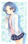  alternate_hairstyle bad_id bad_pixiv_id blue_hair brown_eyes drinking drinking_straw hand_in_pocket idolmaster idolmaster_(classic) jacket kisaragi_chihaya komi_zumiko long_hair looking_at_viewer open_clothes open_jacket skirt solo twintails 