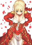  ahoge blonde_hair breasts cleavage dress epaulettes fate/extra fate_(series) green_eyes hair_ribbon hands_on_hips haruyuki_(yukichasoba) highres large_breasts leaning_forward nero_claudius_(fate) nero_claudius_(fate)_(all) open_mouth red_dress ribbon see-through short_hair solo 