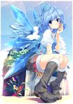  absurdres alternate_costume alternate_hairstyle blue_eyes blue_hair blue_sky blush boots bow buckle can cirno day flower fur_trim hair_bow highres knee_boots light_rays outdoors rozea_(graphmelt) shirt short_hair sitting skirt sky smile solo sunbeam sunlight touhou vest wings 